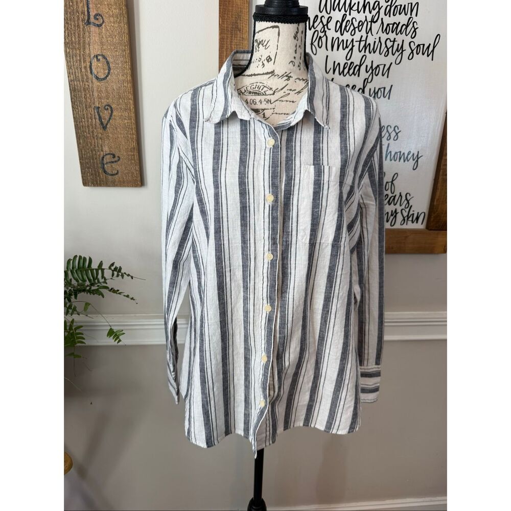 United By Blue Women's Striped Long Sleeve Button-up Shirt Gray White XL